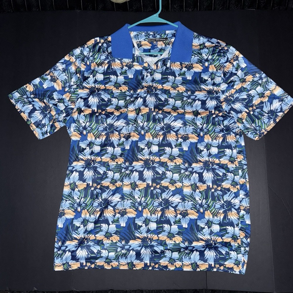 Men's XL Greg Norman Play Dry Blue Floral Pattern Performance Golf Polo Shirt